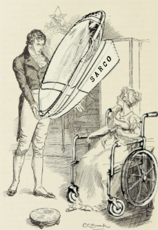 Illustration from Pride and aPrejudice with a standing Mr. Darcy and a seated Lizzie. Illustration now has Mr. Darcy offering a Sarco Death Pod and Lizzy sitting in a manual wheelchair,